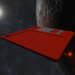 A giant, red floppy disk hovering in space in front of a volcanic planet